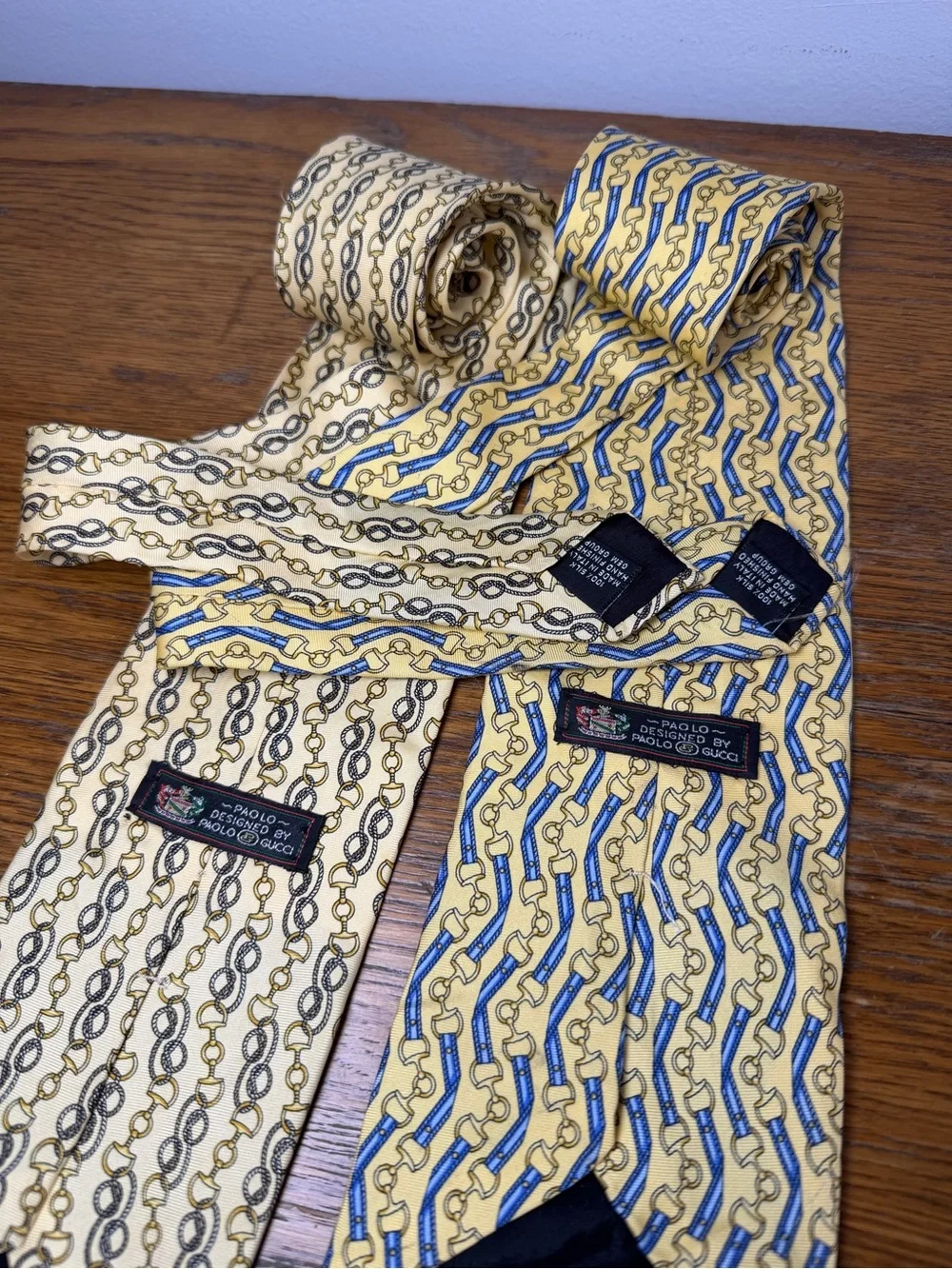 GUCCI Lot Of 2 Vintage Silk Tie Gold Horse Bit Logo.